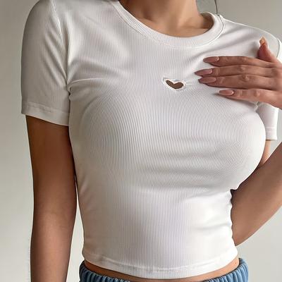 TEMU Women's Casual Short Sleeve Knit T-shirt With Heart Shape Hollow Detail, Polyester, Medium Stretch, Solid Color, Regular Fit, Spring/summer/fall Image
