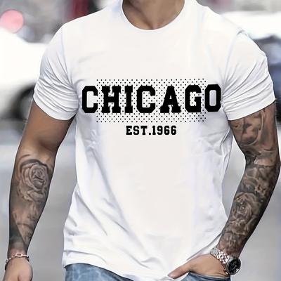 TEMU Men's Chicago Est. 1966 Graphic Tee - Breathable Polyester, Crew Neck, Short Sleeve - Ideal For Summer Outdoor Activities, Casual Wear, Summer Casual Wear| Tee|sleek Smooth Image