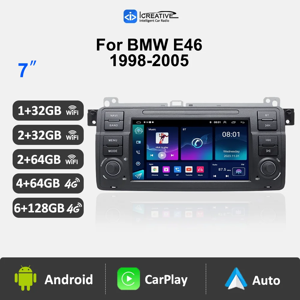 Android-Radio für BMW E46 3er 1999–2005, 7-Zoll-Touchscreen, GPS-Navigation, Carplay, Multimedia-Player mit Stereo-Kopfeinheit Image