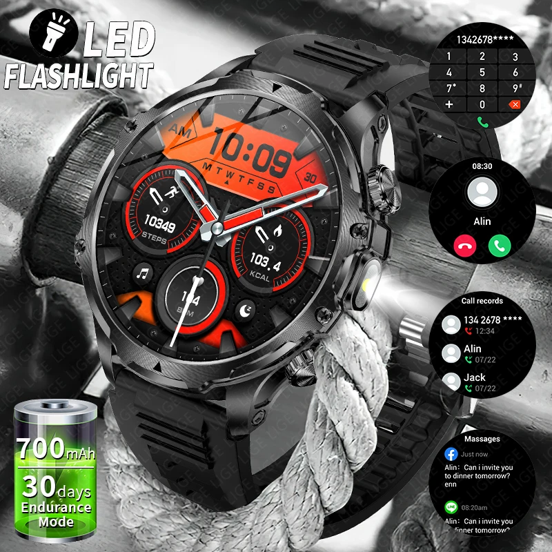 2025 neue 1,9-zoll HD Outdoor Männer Smart Uhr 3ATM Wasserdichte 700 mAh Batterie LED Starke Taschenlampe Bluetooth anruf Smartwatch + Box Image