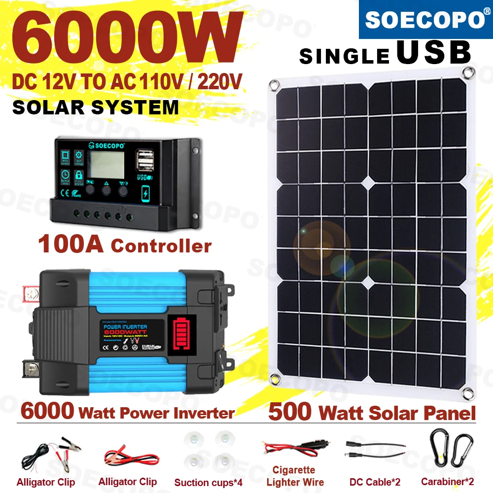6000W Solar System DC12V to 110V/220V Off-Grid Inverter System 100A Controller 500W Panel for Home RV Camping CE Certified
