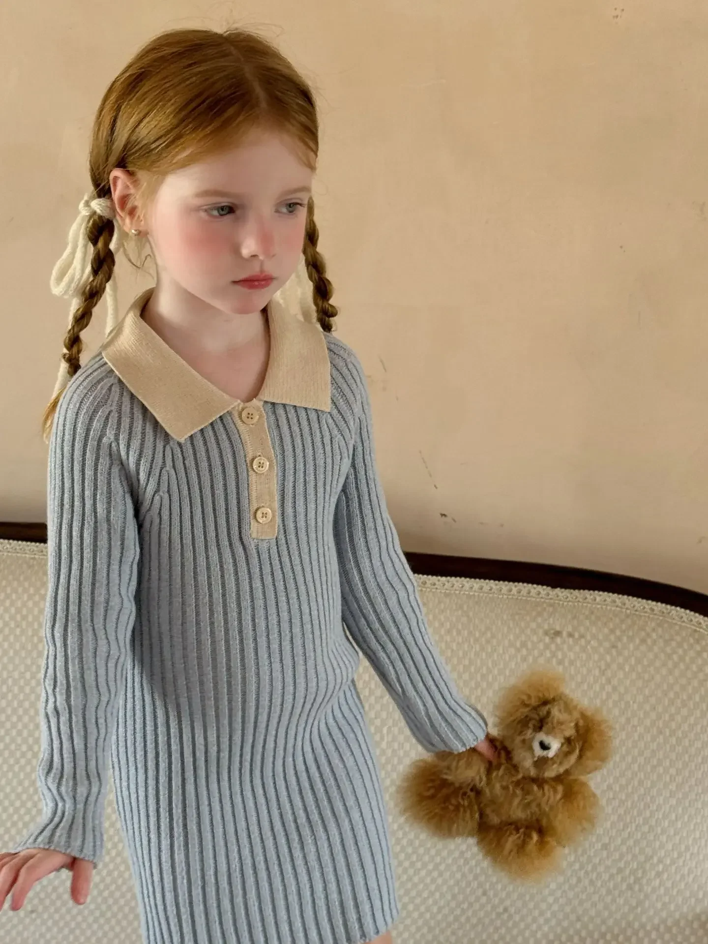 Mädchen Turn-Down-Kragen Strickkleid 2024 Herbst neue Langarm gestrickt Patchwork Kleid Mädchen Baby süßes Kleid Image