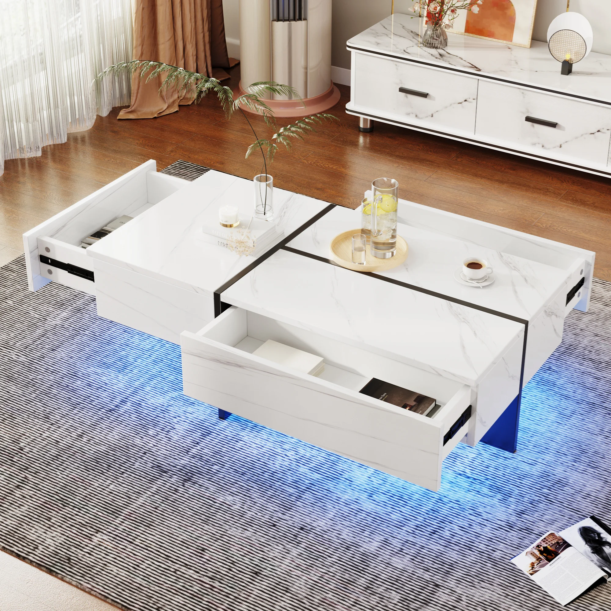 Couchtisch hochglanz mit LED Beleuchtung, Wohnzimmertisch mit 3 Schubladen Beistelltisch Kaffeetisch für Wohnzimmer, 100x50x34.5