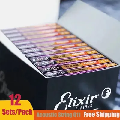 12-Pack Elixir NANOWEB Guitar Strings 80/20 Bronze Light Gauge, Acoustic/Electric Folk Guitar