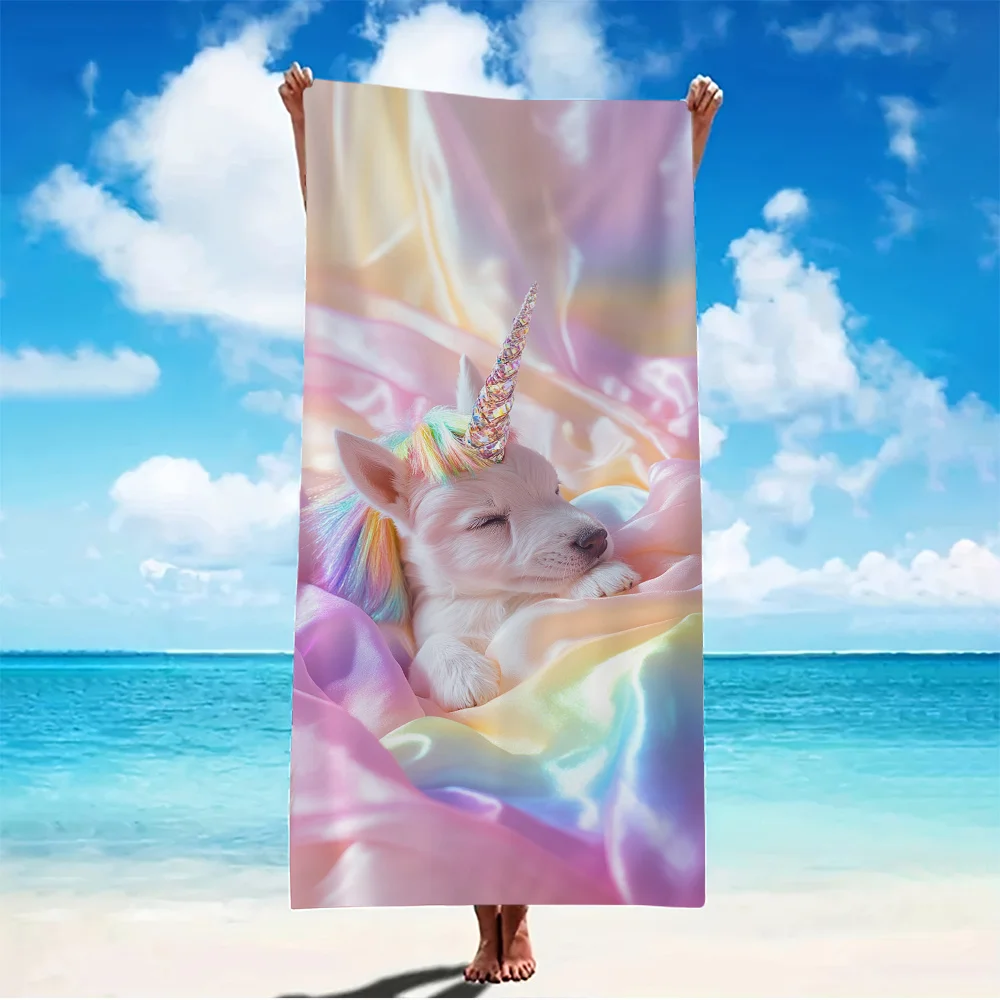 Ultraweiches Mikrofaser-Strandtuch mit hellem Einhorn- und Regenbogen-Design, saugfähig, ideal für Campingreisen am Strand, Pool Image