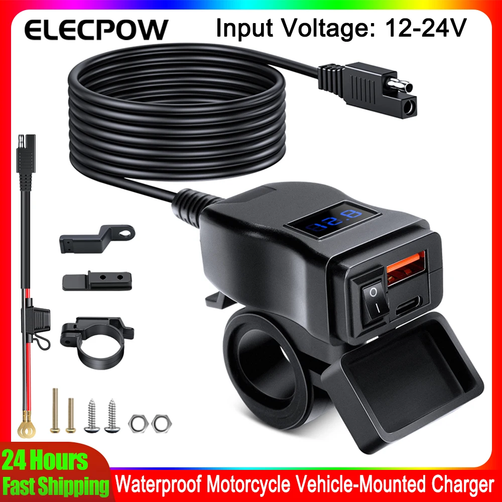 Elecpow Motorrad Fahrzeugmontiertes Ladegerät Wasserdichter Adapter 12V Telefon USB PD Ports Quick Charge 3.0 mit Schalter Moto Zubehör Image