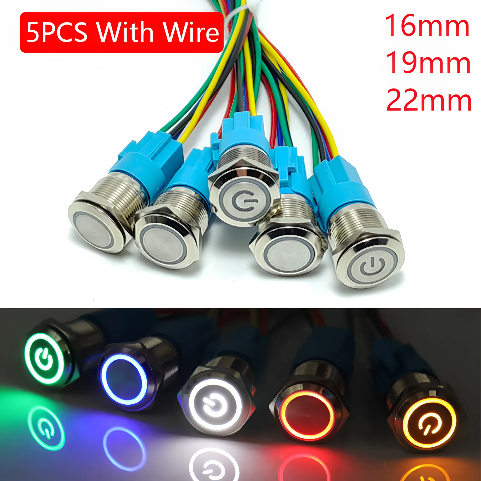 5 Stück Metall-Drucktastenschalter 16mm 19mm 22mm Ringlampe mit Stromsymbol LED-Licht 6V 12V 24V 220V Selbstverriegelnd mit Reset-Funktion und Anschluss Image