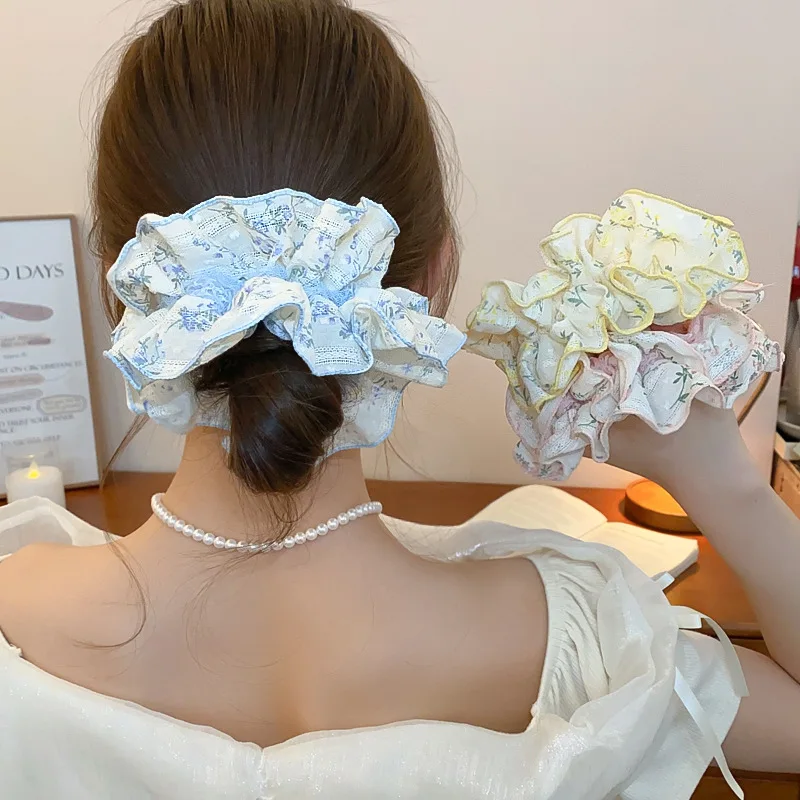 Große Spitzen-Haargummis aus Stoff für Frauen, süßer Druck, Pferdeschwanzhalter, Krawatte, elastisches, plissiertes Haarseil, französische frische Gummi-Reifenbänder Image