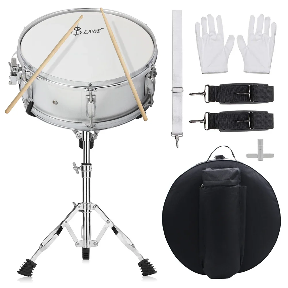 14-Zoll-Silber-Snaredrum-Set für Jazz-Drum-Schlaginstrumente mit Taschenständergurt – Übungsset für Anfänger Image