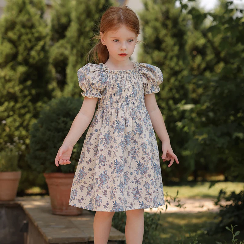 Neue Sommerkleidung Baby Mädchen Prinzessin Kleider Puffärmel Blaue Blume Kleinkinder Urlaub Kinder Baumwolle Niedliches Kleid Lässiges Outfit Image