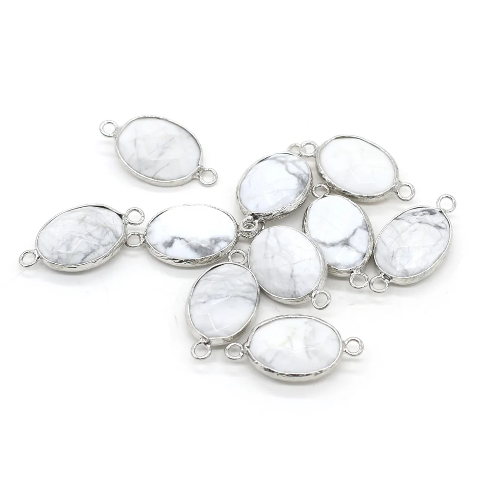 2 Stück Naturstein-Kristalle, weißer Türkis-Anhänger, ovale Form, Verbinder für Schmuckherstellung, DIY-Halskette, Armband, 14 x 27 mm