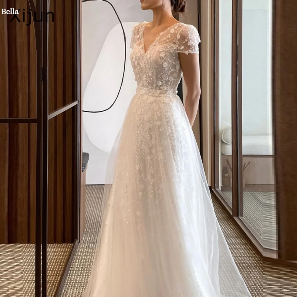 Bella Customized White Pearls Flowers Embroidery robes de soirée V Neck Cap Sleeve Party Dresses Land-Length Prom Dress 2025