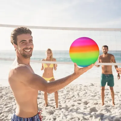 1 Pcs Rainbow Beach Ball Inflatable Summer Beach Ball Game Rubber Pool Net Kids Garden Volleyball