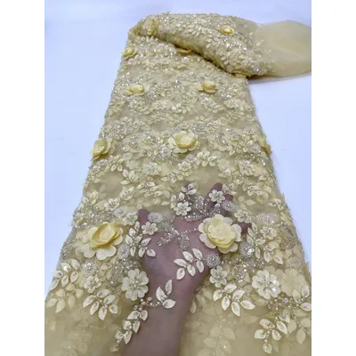 Yellow African 3D Lace Fabric 5 Yards 2023 High Quality With Beads Embroidered French Nigerian
