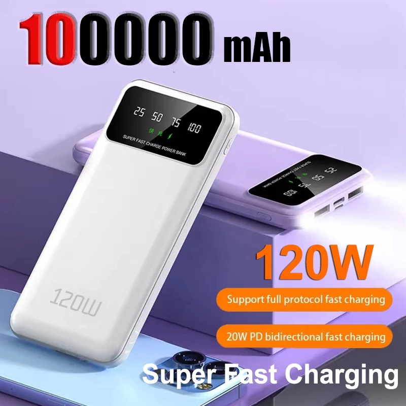 100000 Batterie externe mAh 120W, charge Super rapide, grande capacité, batterie externe pour téléphone portable, accessoires pour téléphone portable