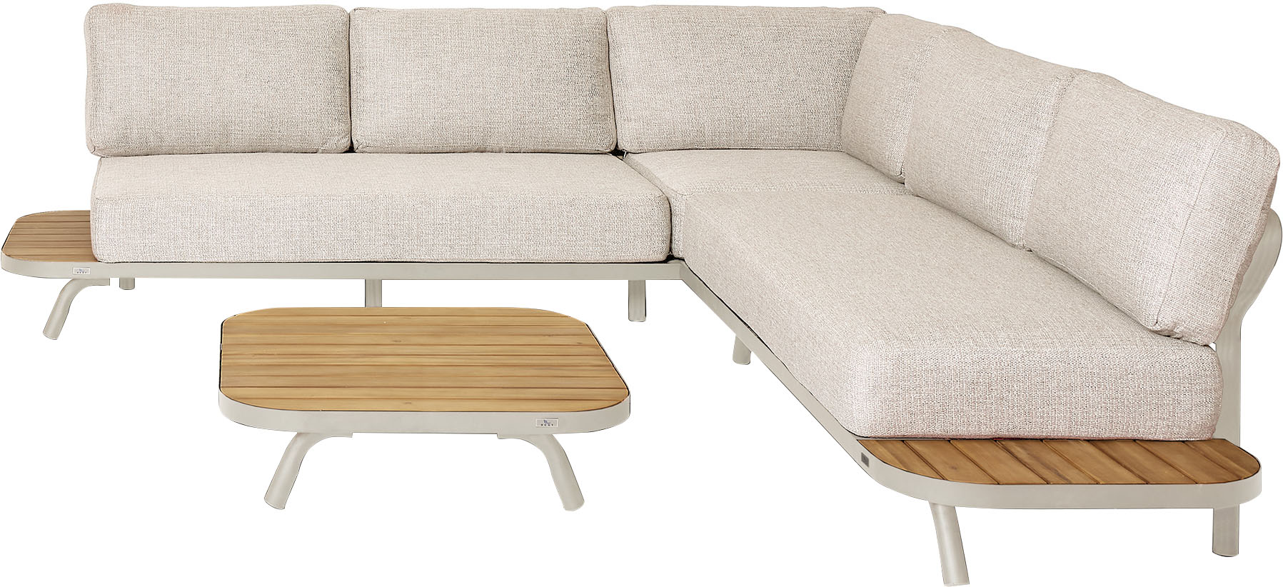 Loungeset BEST "Paros", beige (sandfarben,), B:232cm H:61cm T:80cm, Aluminium, FSC-zertifiziertes Massivholz, Sitzmöbel-Sets, bestehend aus 2 Bänken, 1 x Tisch und 9 Kissen Image