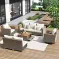 8-Piece Wicker Outdoor Patio Furniture Set With Thick Cushion Rattan Patio Swivel Rocking Chairs Set Of 2 With Acacia Storage Table Wicker Conversation Set For Outdoor Couch Backyard Blue Beige