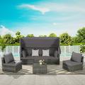 5 Pieces Outdoor Patio Wicker Daybed Furniture Set Set with Retractable Canopy Storable Side Table and Soft Cushions Patio Furniture Set for Patio Backyard and Garden Dark Gray