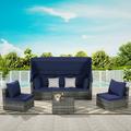 5 Pieces Outdoor Patio Wicker Daybed Furniture Set Set with Retractable Canopy Storable Side Table and Soft Cushions Patio Furniture Set for Patio Backyard and Garden Dark Blue