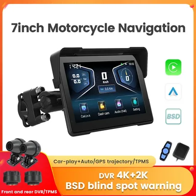 Portable 7inch IP67 Waterproof Motorcycle GPS Navigation BSD Blind Spot system Moto Carplay Auto 4K+2K DVR Drive Recorder TPMS