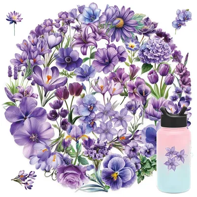 50 Stück wasserdichte lila Blumen-Aufkleber, transparent, romantische Kunst, mattes Finish für Laptops, Handyhüllen, kreativ, DIY, dekorativ Image