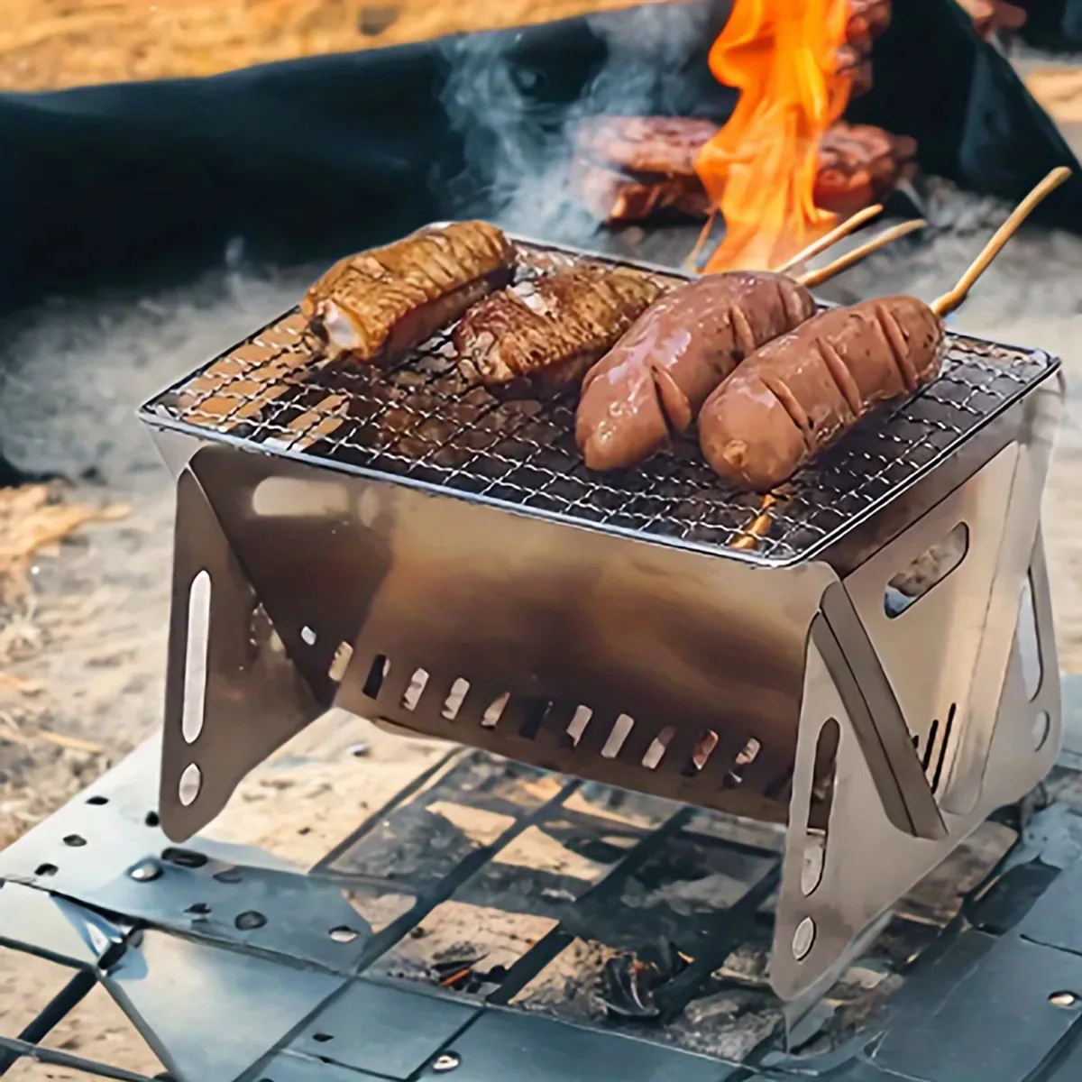 Tragbarer Outdoor-Grillofen, kleine faltbare Grills, Edelstahl-Brennholzofen für Holzofen, Camping, Picknick, Kochen Image