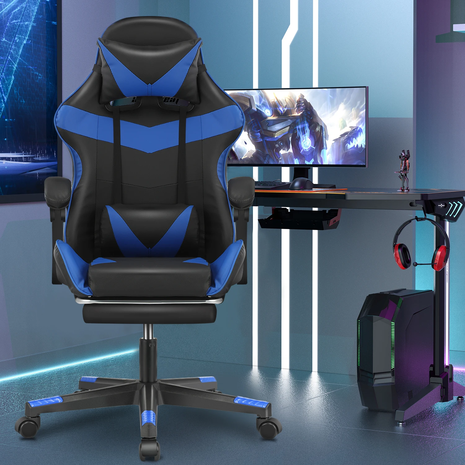 Bürostuhl Ergonomisch Gaming Stuhl Massage Gaming Sessel mit Kopfstütze Massage-Lendenkissen, Gepolstert Gaming Chair, Drehsessel,150kg Kapazität,Schwarz Blau