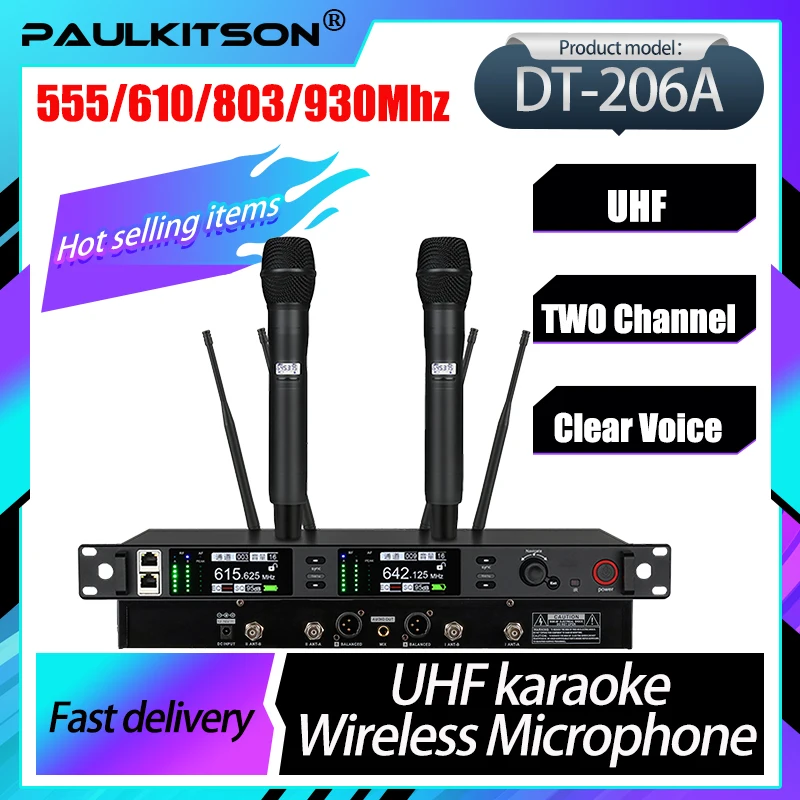 Paulkitson DT-206A Professionelles Drahtloses Mikrofonsystem Dual-Kanal UHF Handmikrofon/Bodypack/Lavalier/Kirchen-Bühnen-Karaoke Image