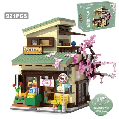 New LED City Japanese Style Grocery Store House Building Blocks Double Decker Duplex Architecture