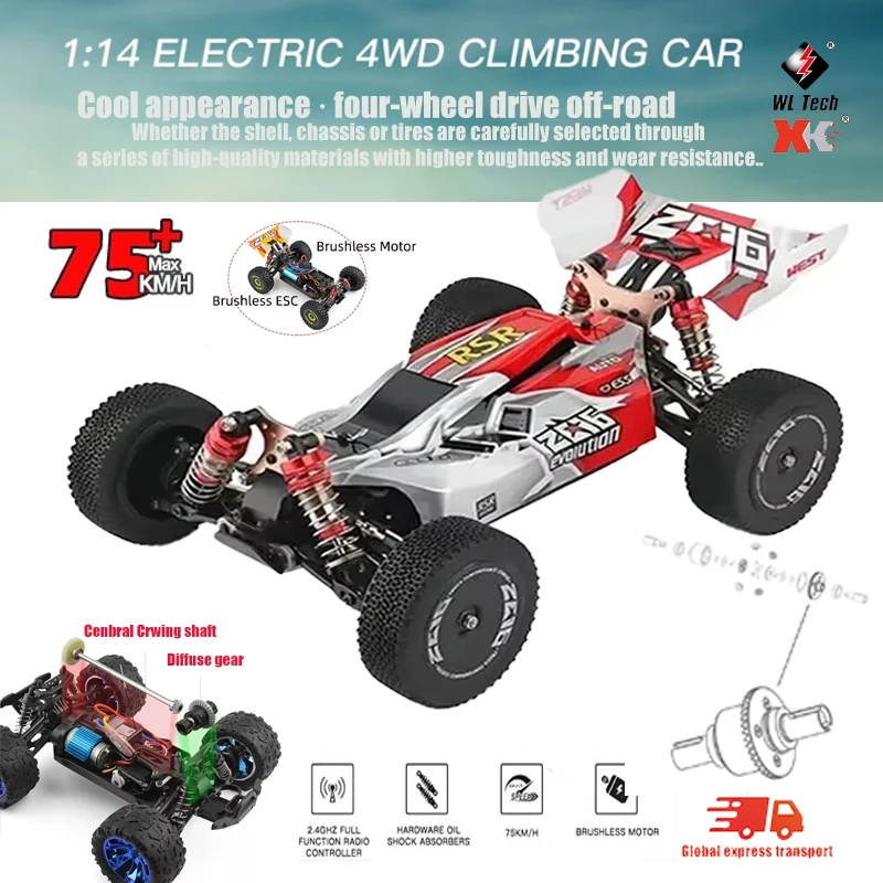 WLtoys 144010 144001 Voiture RC électrique sans balais, 75 KM/H, 2.4G, 4WD, haute vitesse, tout-terrain, télécommande, jouets à dérive pour enfants de course