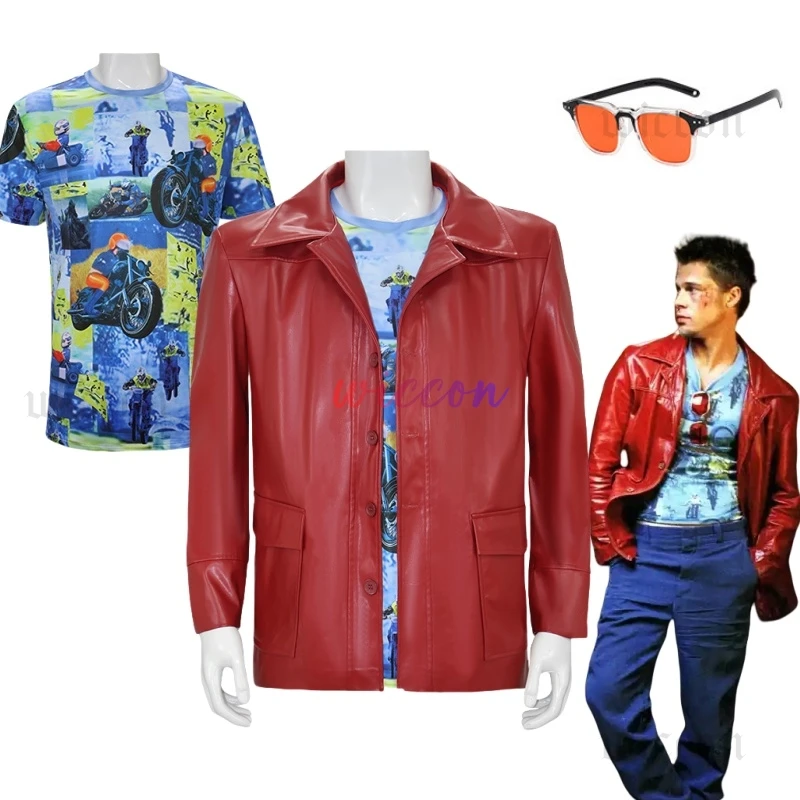 Fight Club Tyler Jacke Cosplay Kostüm Film Durden Ledermantel mit Hemd Brille Halloween Karneval Party Anzug Mann Erwachsene Image