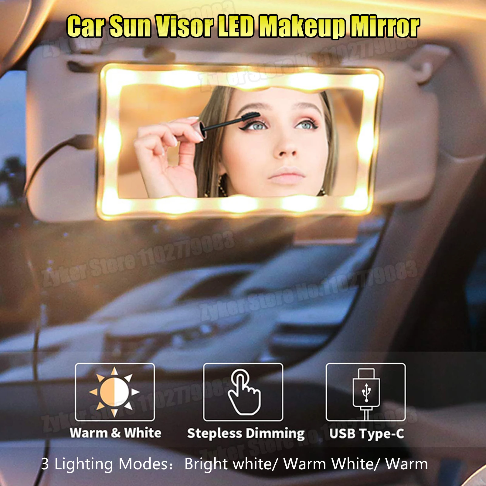 Auto-LED-Make-up-Spiegel, Sonnenblende, Eitelkeit, HD-Spiegel, 3 Modi, kalt, warm, dimmbar, Kosmetikspiegel, wiederaufladbarer USB-Touchscreen-Spiegel