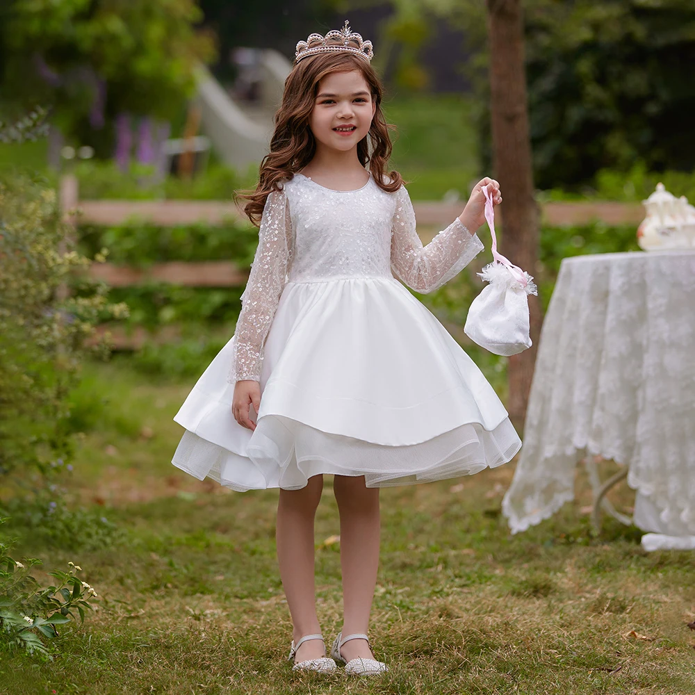 Mode Pailletten Weiß Hochzeit Mädchen Party Kleid Formale Schleife Geburtstag Prinzessin Kleid für Mädchen Tutu Brautjungfer Abend Kinder Kleidung Image