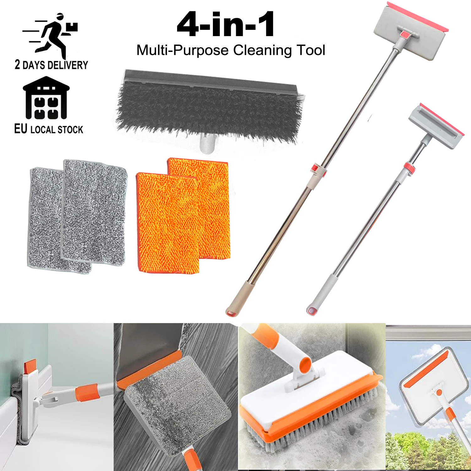 4-in-1-Rakelreiniger für Fensterglas, Teleskop-Mehrzweckscheibe für Reinigungswerkzeug für Fenster, Platine, Decke, Boden, Sockel Image