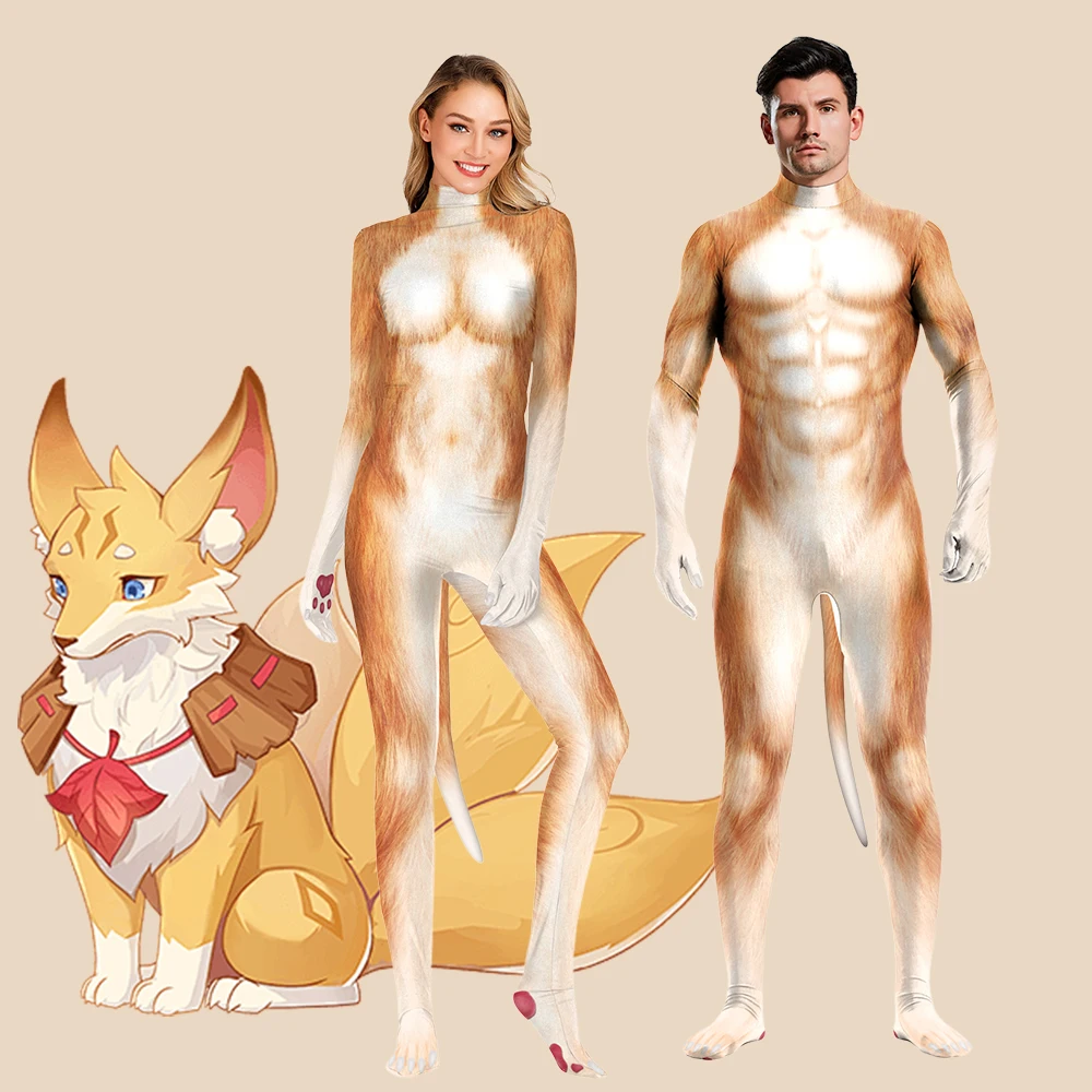 Fox Cosplay-Kostüm, Tierfell, 3D-Druck, Haustieranzug mit Schwanz, Schritt, Reißverschluss, Overall, lustig, Halloween, Karneval, Zentai-Body Image