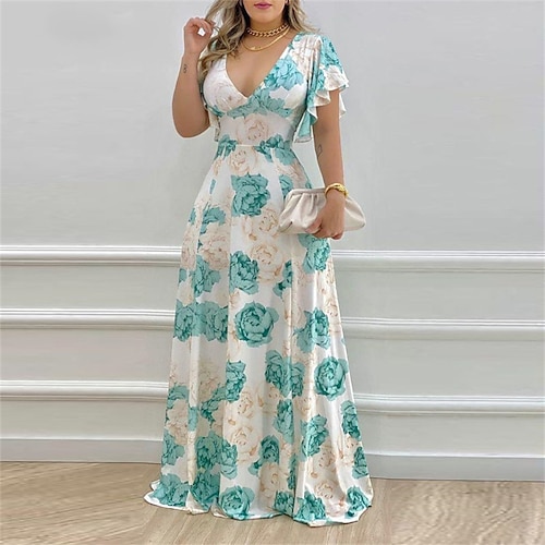 Per donna Abito Lungo Maxi Abito Abito da Cocktail Abito Floreale Abito Stampato Moda Moderno All'aperto Vacanza Ferie Vestibilità regolare Fiore Manica Corta Scollo a V Blu Arancione Rosso rosa