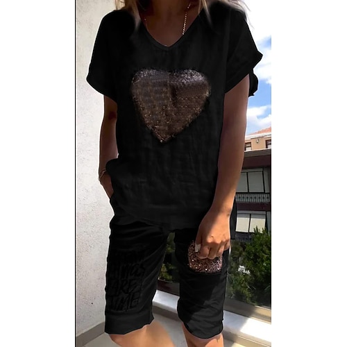 Per donna Taglia EU / US Set ispirati al lino Set da due pezzi Bolero Top Mezza Manica Scollo a V Cuore Patchwork Uscire Casual Quotidiano Nero Bianco Rosa Estate Vestibilità regolare