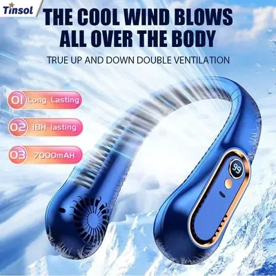 Mini Neck Bladeless Fan Portable Ultra Long Life Silent USB Charging Fan with Digital Display 5 Gear Power Settings for Students