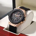 Montre de sport en Silicone noir pour hommes, main ajourée de 46mm, grand cadran, or Rose, Style militaire à la mode, mouvement à Quartz Original