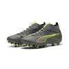 Fußballschuh PUMA "ULTRA 5 MATCH+ FG/AG Fußballschuhe Erwachsene", Gr. 45, matte aged silber gelb alert blau gray, Obermaterial: Synthetik, Textil; Futter: Synthetik, Textil; Innensohle: Textil; Laufsohle: Synthetik, Schuhe