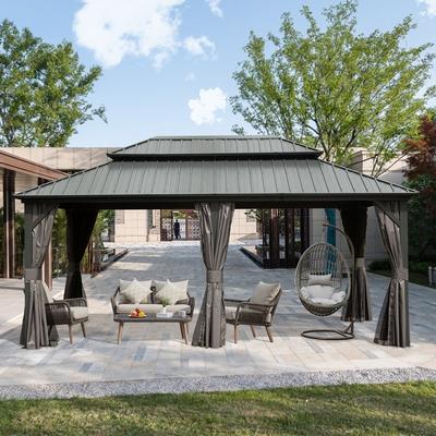 Domi Hardtop Gazebo with Double Roof and Curtains, Aluminum Frame