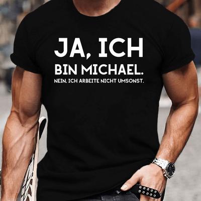 "TEMU Men's Casual "ja, Michael" Graphic Tee - Olive Green Short Sleeve T-shirt For Summer, Lightweight Polyester, Round Neck, Machine Washable" Image