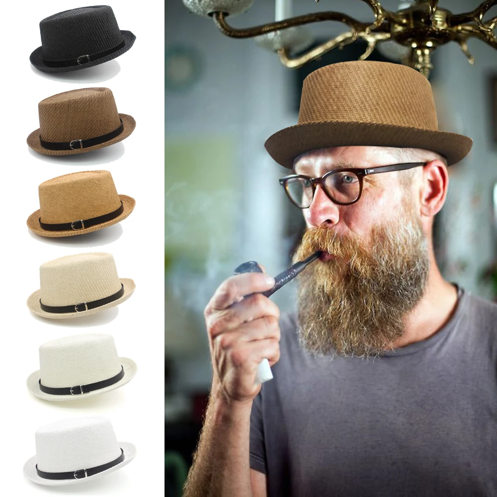 Männer Frauen Klassische Stroh Pork Pie Hüte Fedora Sonnenhüte Trilby Caps Sommer Boater Strand Outdoor Reise Party Größe US 7 1/4 UK L Image