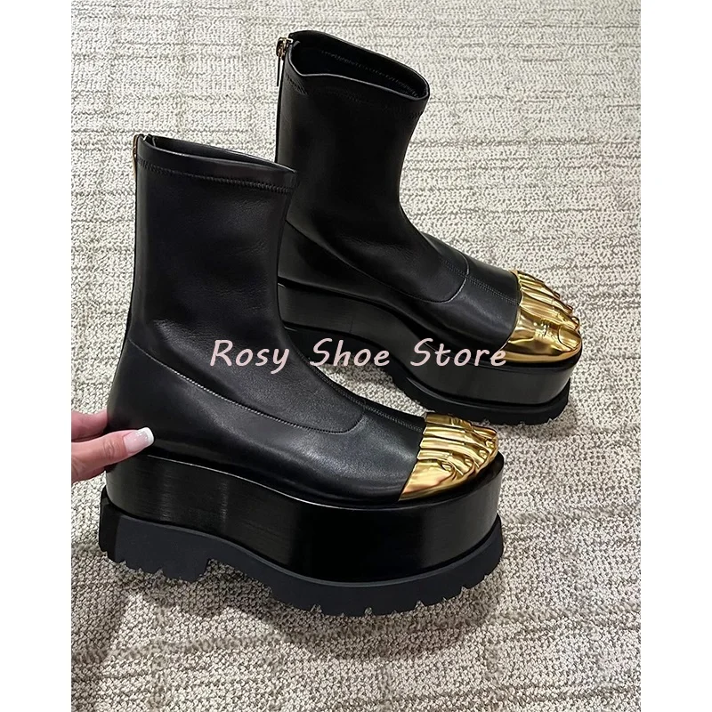 Gold Five Toe Neuheit Design Stretch Stiefel Streifenmuster Flacher Absatz Dicke Sohle Reißverschluss hinten Stiefel Stiletto Hot Chick Catwalk Schuh