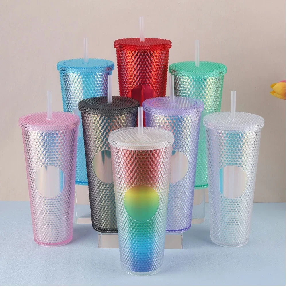 710ml Plastiks troh becher Trinkbecher doppelwandiger Strass niet becher mit Deckel Reise becher große Kapazität für den Sport Image