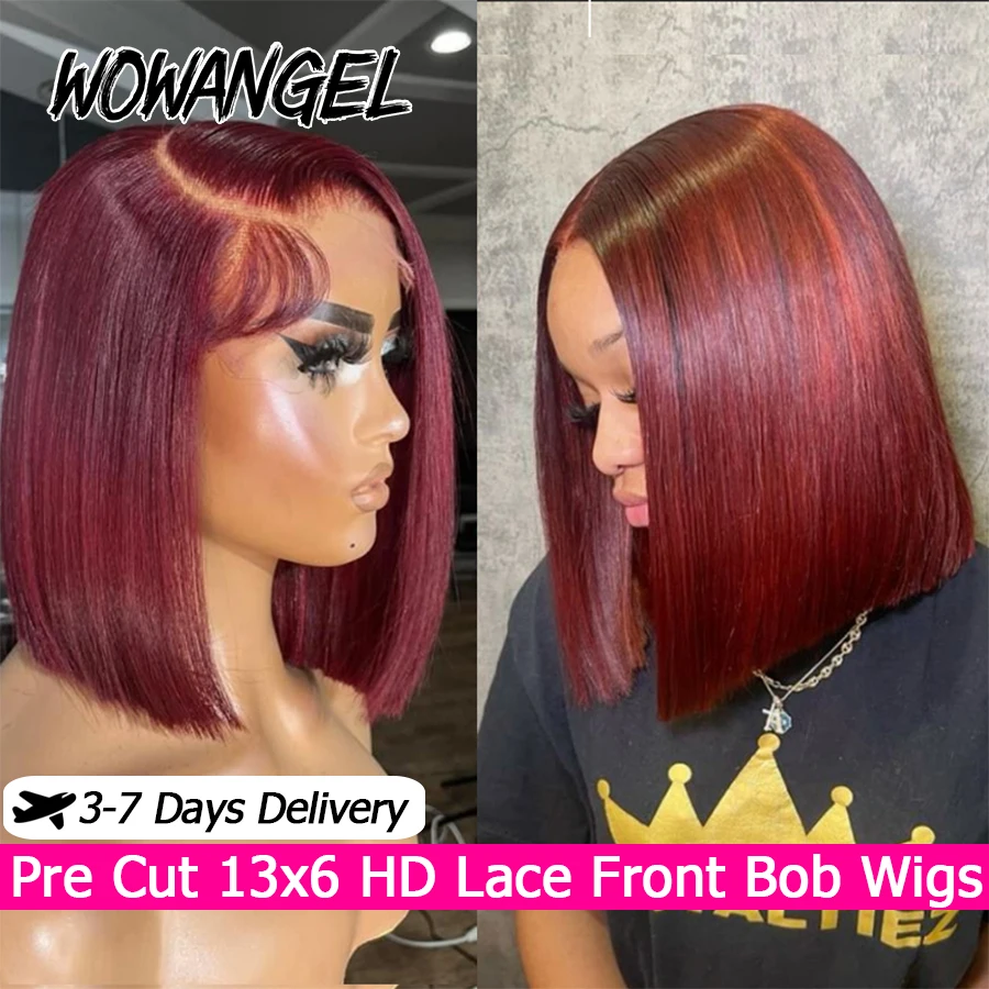 Leimlose Perücke, burgunderrote Bob-Perücken, 13 x 6 HD-Lace-Front-Perücken, Echthaar, 99J-Rot, stumpfer Schnitt, vorgeschnittene Spitze, kurze Bob-Haut, geschmolzen, für Frauen