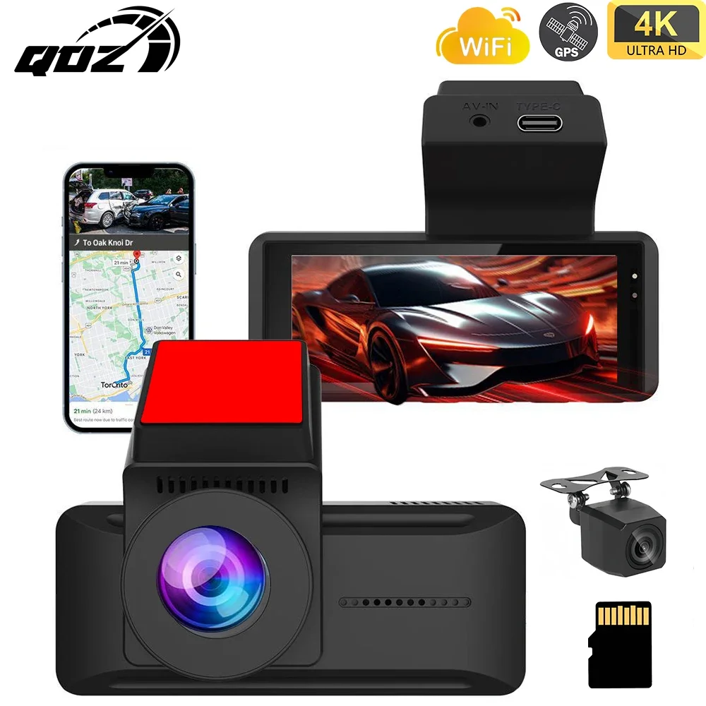 Qoz 4k wifi Dash Cam Frontkamera Dual Lens Dashcam Auto DVR Video recorder mit GPS Nachtsicht 24h Parkplatz für Auto Image