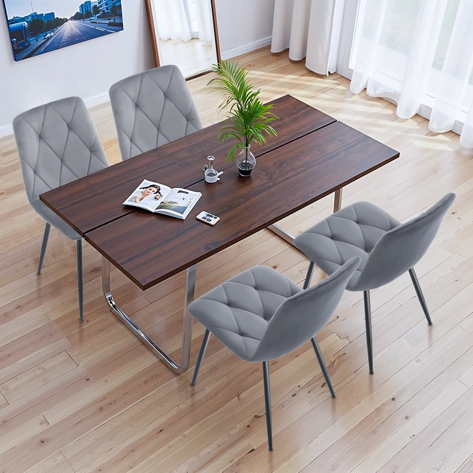 4er Set Esszimmerstühle mit Rückenlehne, Küchenstuhl mit Samtbezug Polsterstuhl aus Metall, ergonomischer Stuhl für Esstisch, Grau Image