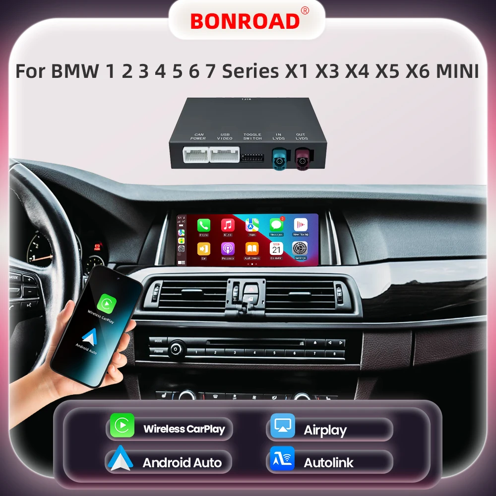 Bonroad drahtloses carplay android auto modul für bmw 5 7er f10 f11 f07 gt f01 f02 f03 f04 x3 x4 f25 f26 mit spiegel verbindung Image