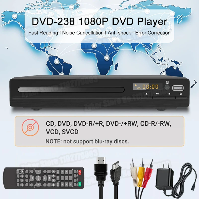 Lettore DVD 238 1080P Lettore DVD HD Lettore DVD multimediale domestico per TV Lettore CD DVD Sistemi Home Theatre compatibili con HDMI
